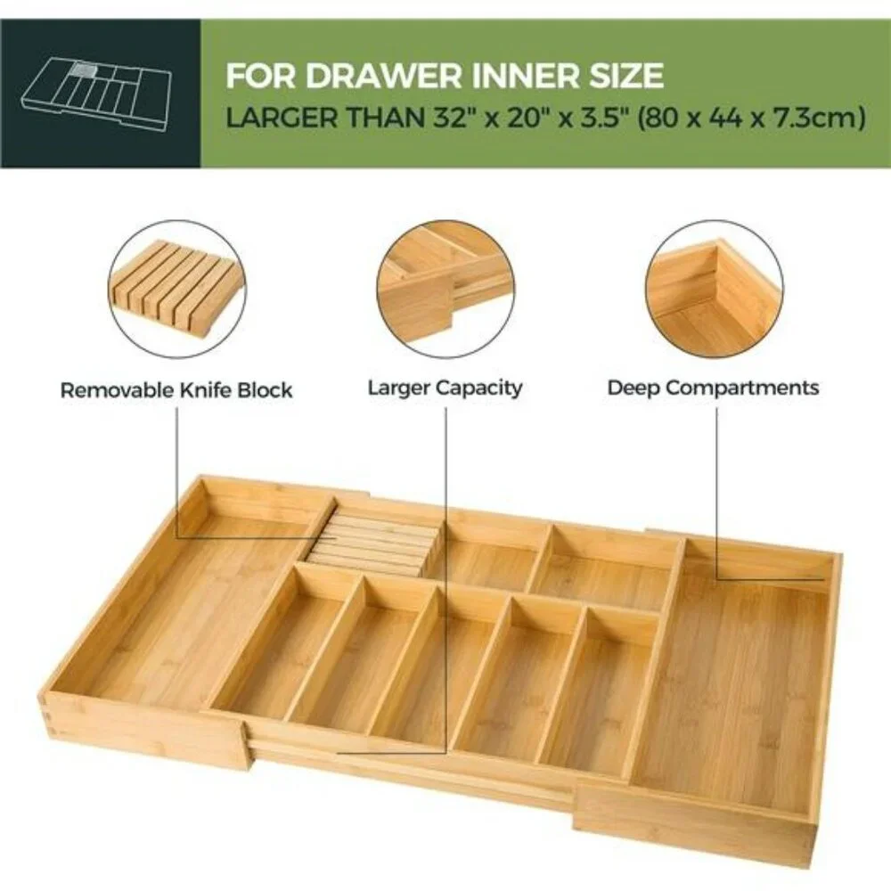 Extra large bamboo silverware drawer organizer expandable utensil cutlery holder